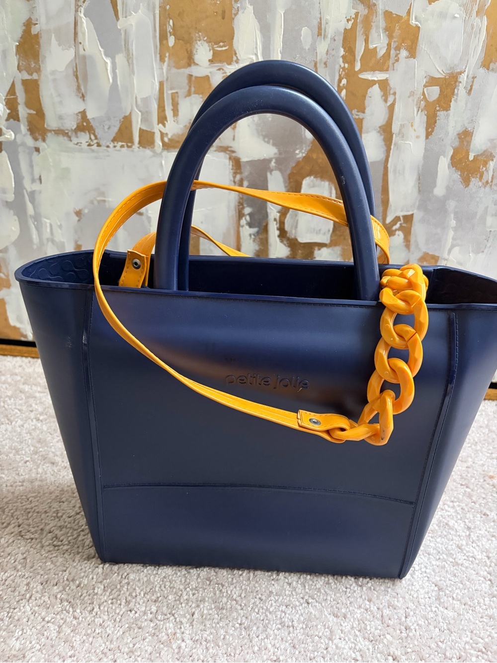 Petite Jolie Navy Tote with Yellow Chain Accent